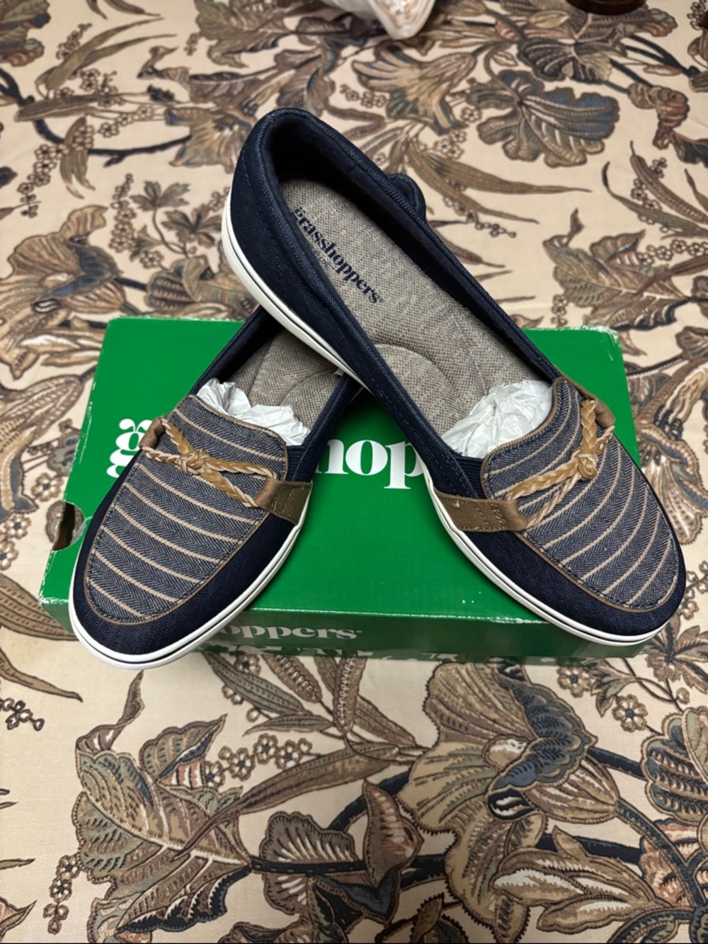 Grasshoppers Navy Striped Slip-On Loafers with Tan Braid